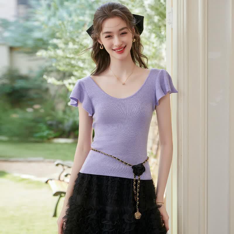 

Women s Wool Blend Ruffle Sleeve Knit Top L