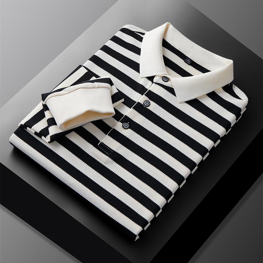 

Luxury High-Quality Long Sleeve Polo Shirt Men S Spring Autumn New Fashion Striped Top Casual Korean Version Youth Lapel T-Shirt 4XL чорний