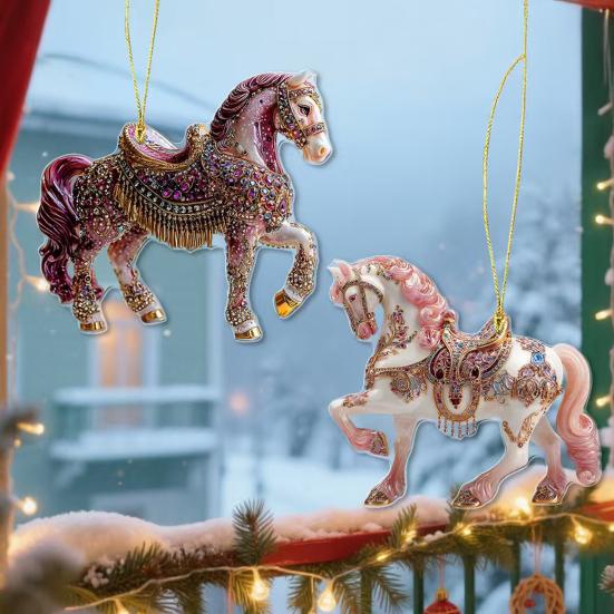 Christmas Horse Ornaments 2D Acrylic Hanging Pendant Car Mirror Charm for Home Decor Keychain And Bag Accessory