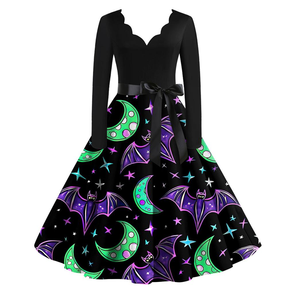 Lässiges Vintage-Kleid mit V-Ausschnitt und Halloween-Print für Damen