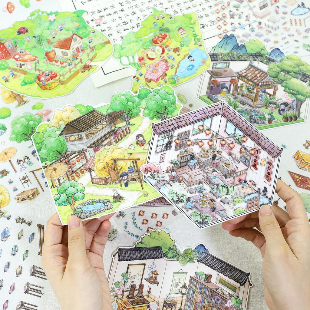 3D Stereo DIY Collage Landscape Stickers - Frosted PET Die-Cut for Journaling & Miniature Scenes