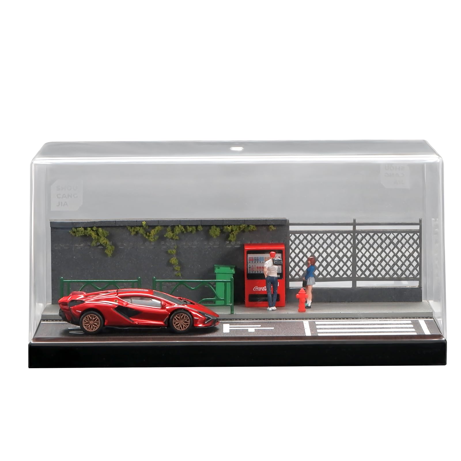 

Shoucangjia Display Case for Tomica, Hot Wheels, Matchbox Cars 1:64 Scale Model Garage with Dust Cover, Street Fence Scene Diorama Parking Showcase