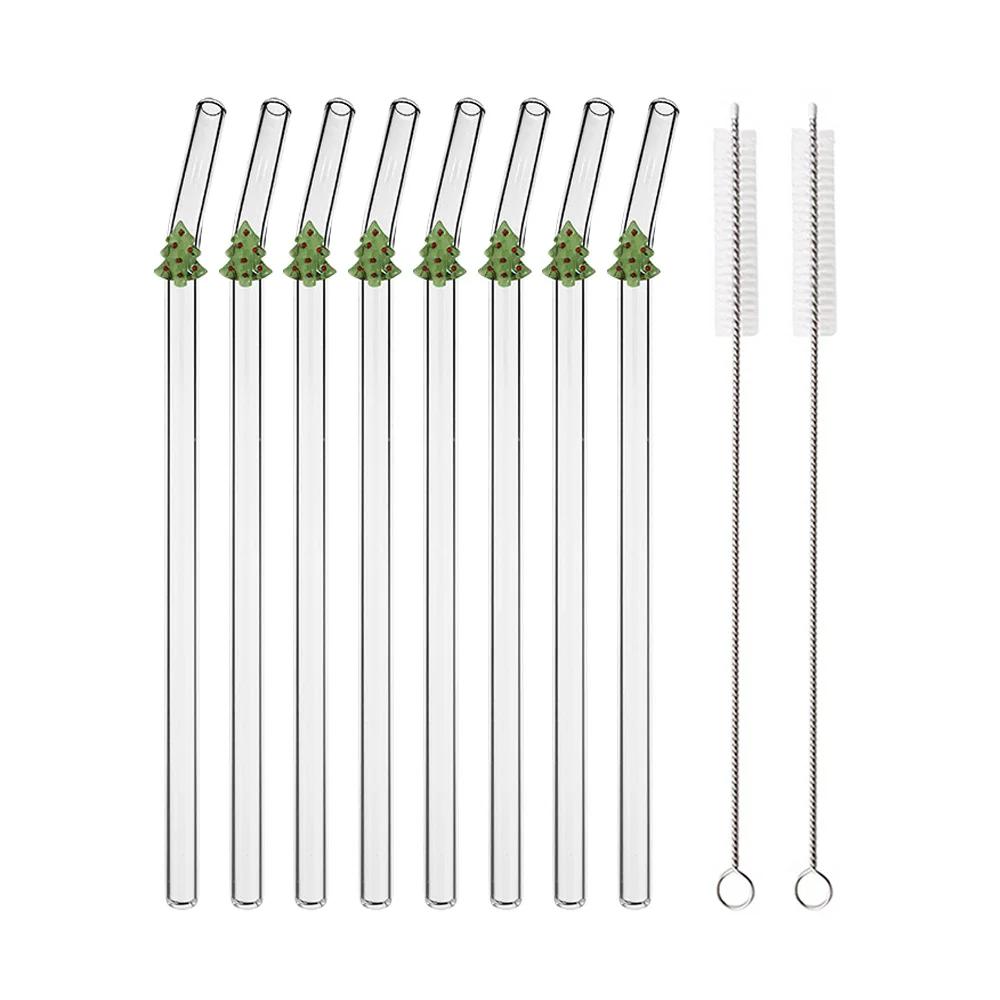 Christmas Tree Glass Straws Reusable Clear Straws for Smoothies Cocktails Drinking Eco Friendly Bar Tools Drinkware Straws