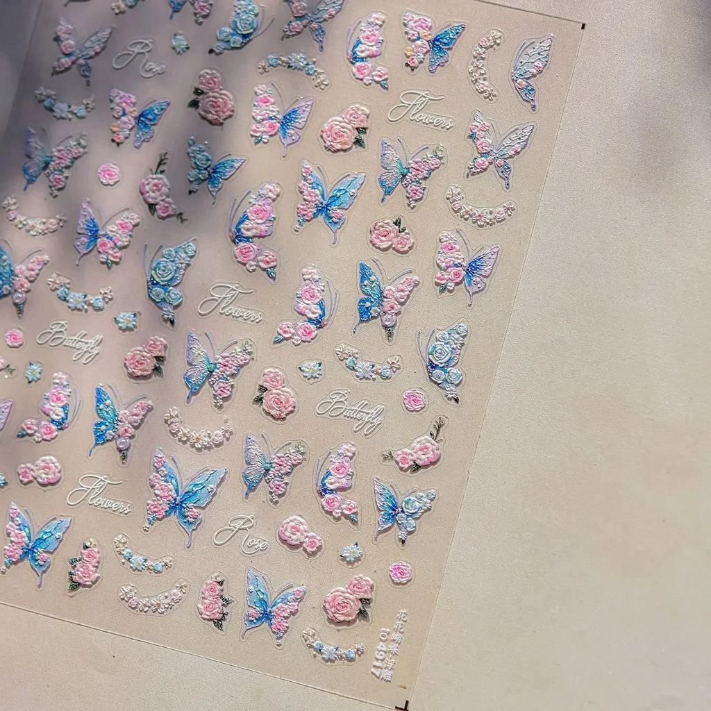 Gradient White Pink Butterfly Flower Shiny Stars Chic Spring Petal 5D Soft Adhesive Nail Art Stickers Decorations Manicure Decal