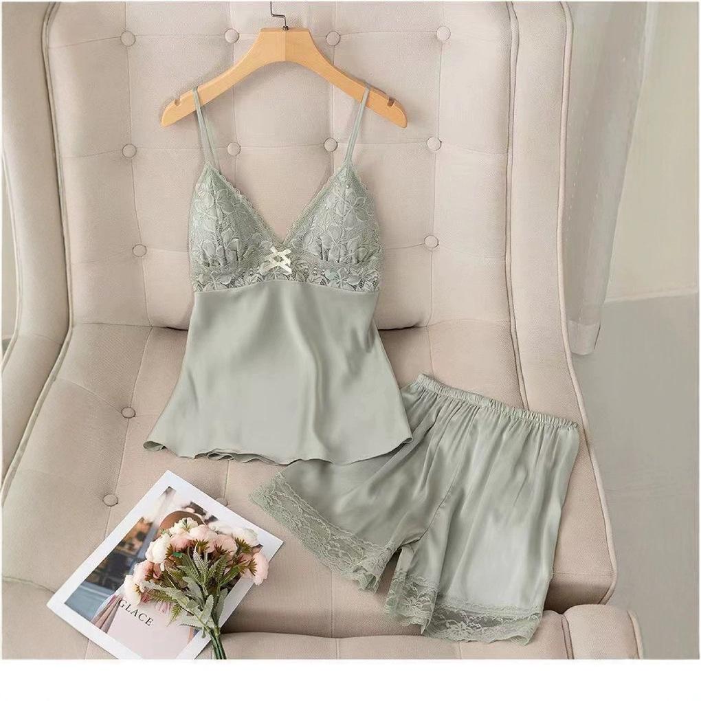 Pajamas women's 1011 new summer suspender shorts two-piece set ice silk thin sexy loungewear set with chest pad