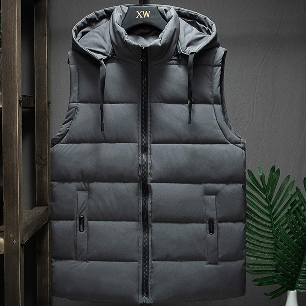Men's Winter Trend Wear Loose Thick Down Cotton Clip Multi-pocket Solid Color Casual Hooded Vest Coat