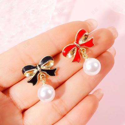 Trendy Black Red Bow Knot Drop Earrings for Women Enamel Oil Metal Imitation Pearl Dangle Earrings Wedding Party Sweet Jewelry