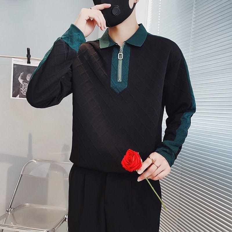 

2023 Осень и зима Мужская мода свободный цветной свитер с полумолнией с длинным рукавом и воротником-поло Повседневный удобный универсальный топ XXXL чёрный