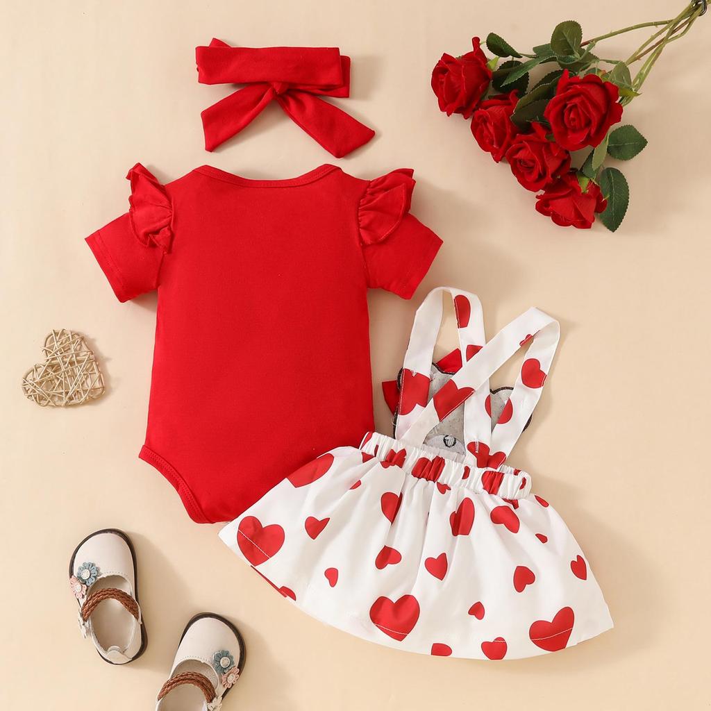 Sweet Cartoon Bear Baby Girl Summer Skirt Set - Includes Solid Color Short-Sleeved Top, Suspender Skirt, and Hairband.