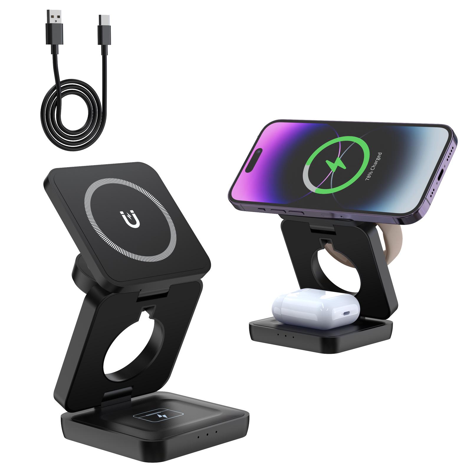 

Складное магнитное беспроводное зарядное устройство 3-в-1 и держатель для телефона для Apple и Huawei чёрный