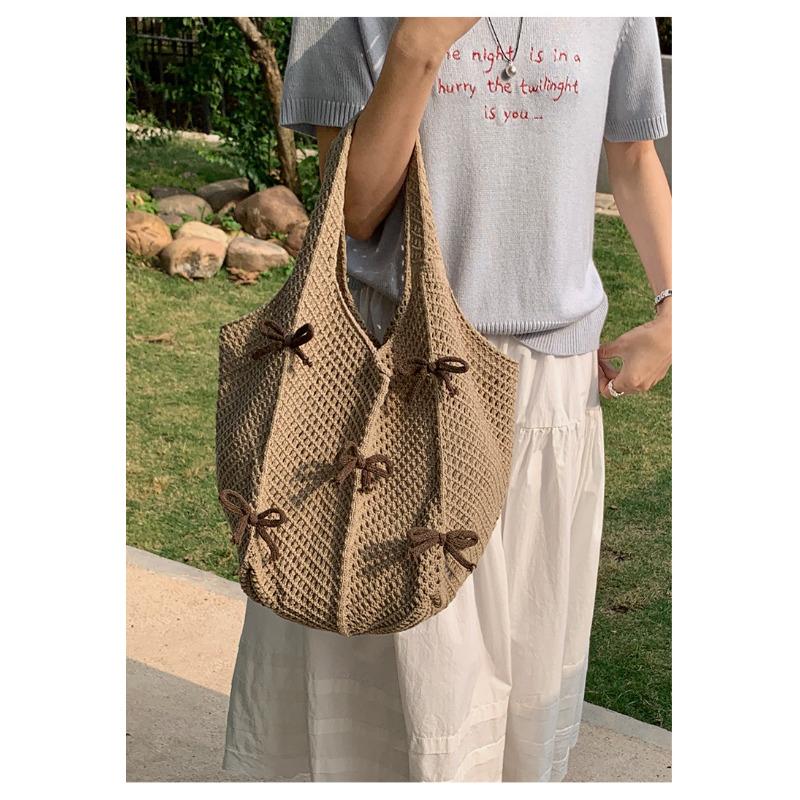 Retro Polyester Knit Tote Bag for Women Bow Woven Shoulder Handbag KTB