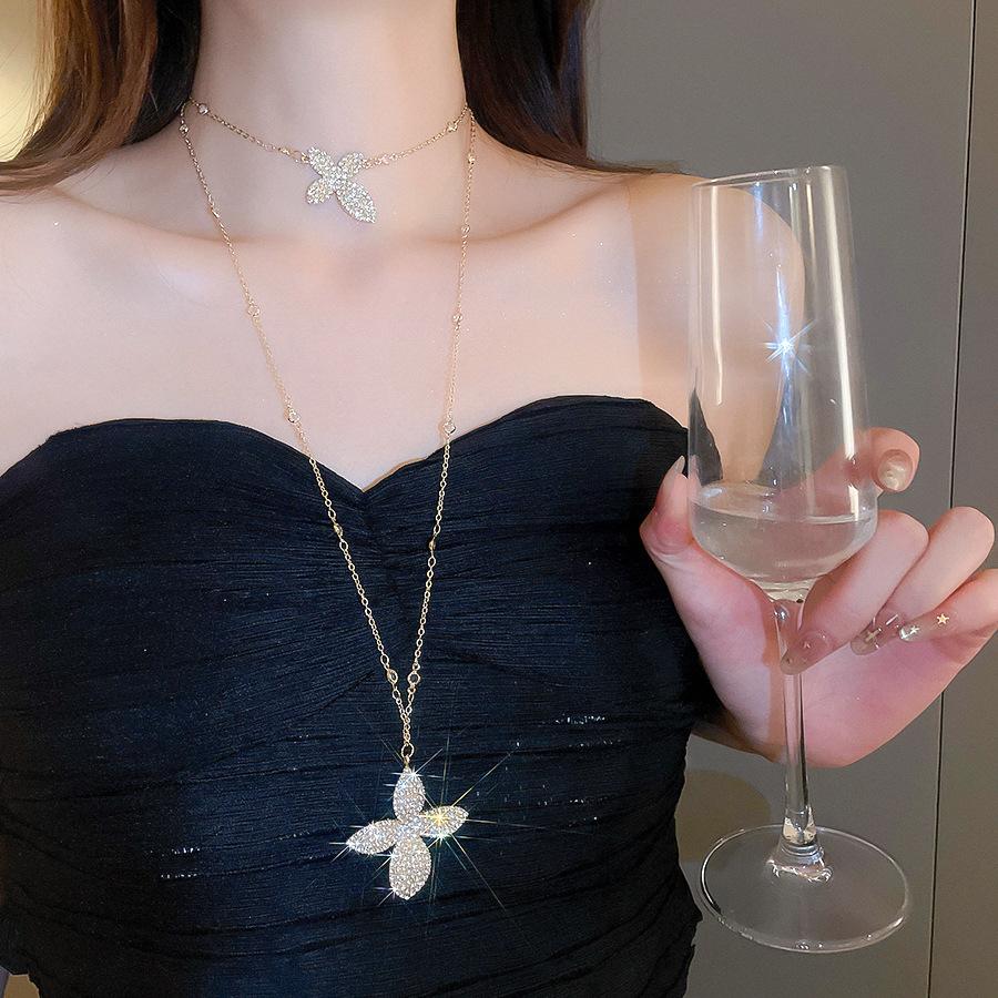 Retro Luxury Flower Cubic Zirconia Pendant Necklace Double Layer Stackable Rhinestone Clavicle Chain Fashion Ring Jewelry Gifts