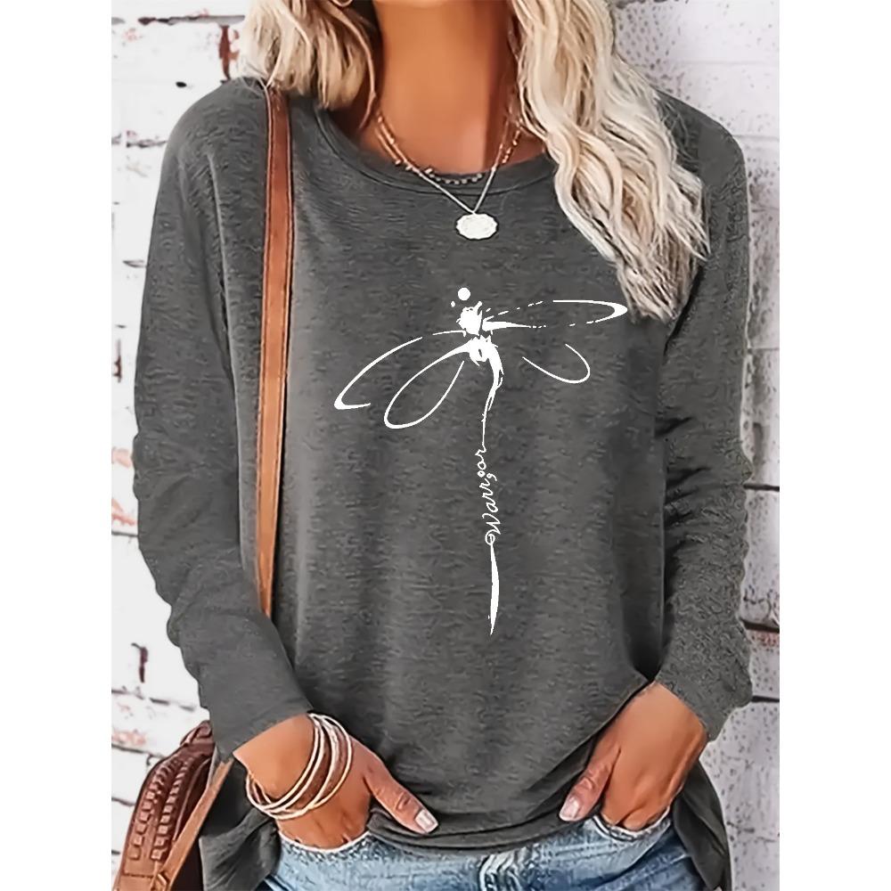 Women's 100% Cotton Long Sleeve T-Shirt Dragonfly Print round Neck Casual Fashion Top for Spring And Autumn
