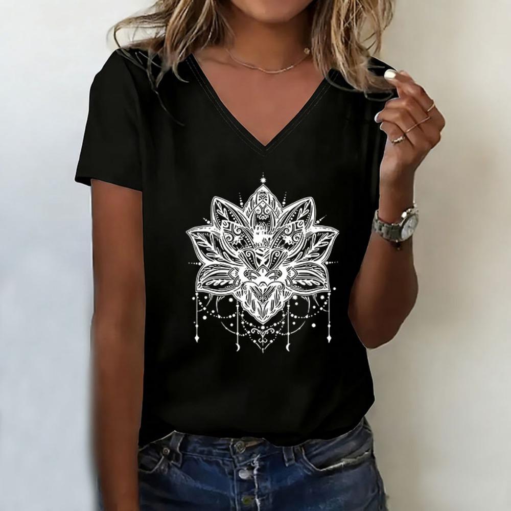 Vintage Art Flower Printed T-shirt V Neck Casual Fashion Y2k T Shirts Women Short Sleeve Tee Shirt V-Neck Summer Spring S