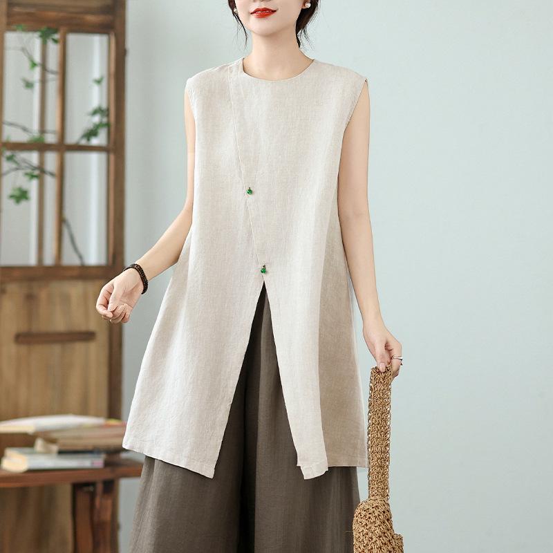 

2026 Summer Plus Size Cotton Linen Sleeveless Mid-Length Dress Large