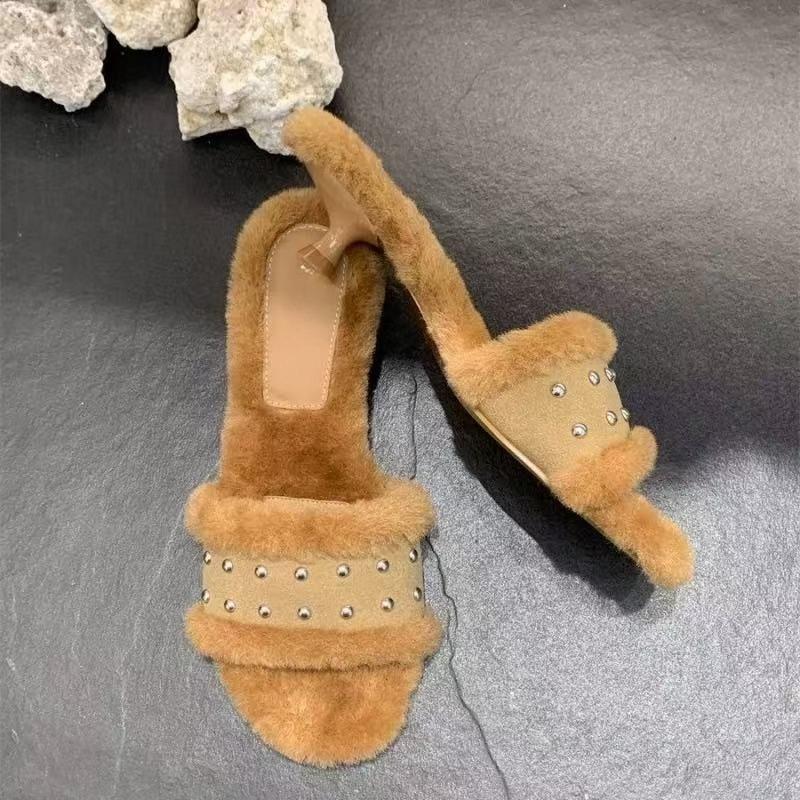 Fashion Low Heel Flip Flops Autumn New Round Head Open Toe Rivet Fluff Soft Bottom Anti-slip Wear-resistant Cotton Mops