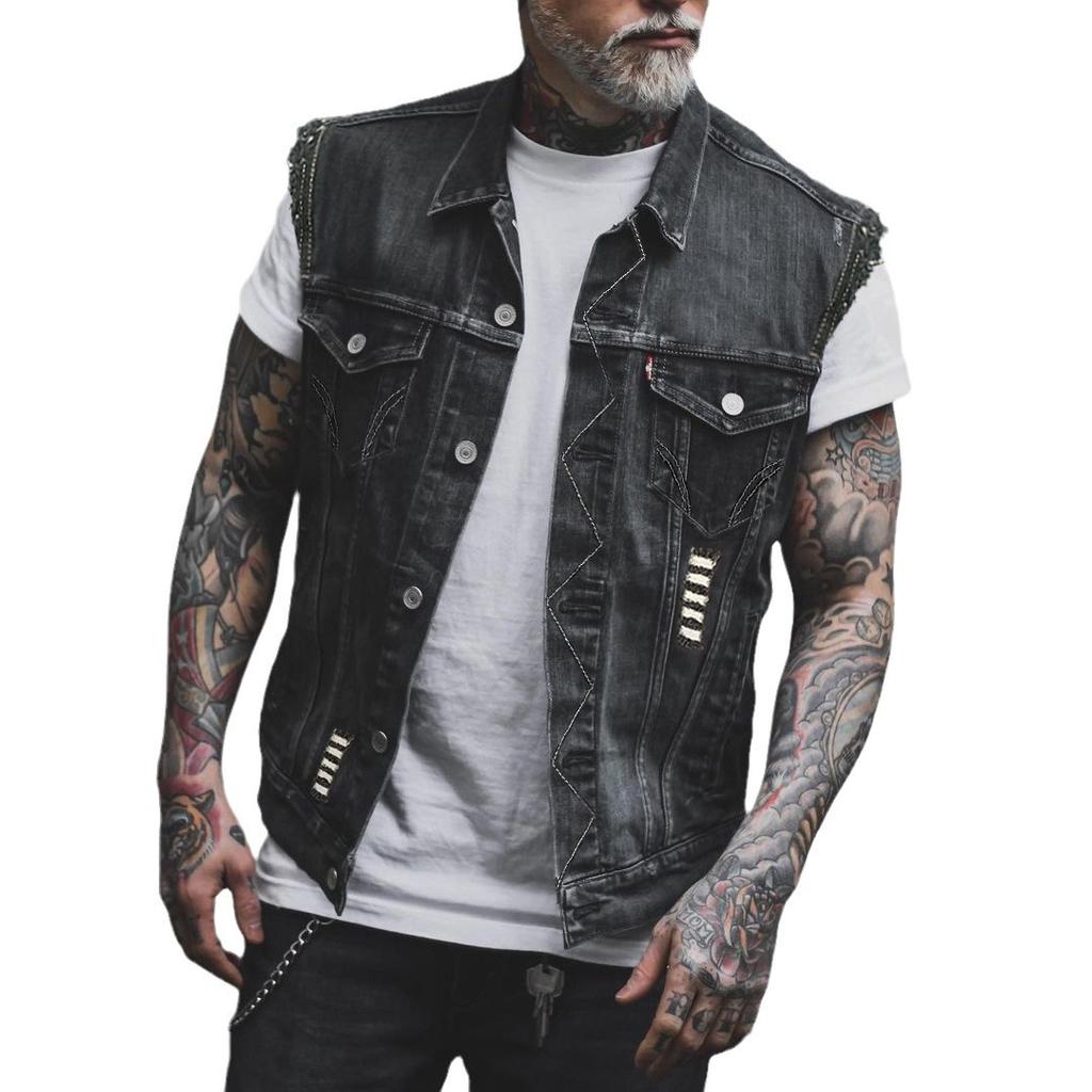 Foreign Trade Bagging Motorcycle Locomotive Vest Denim Polished Printed Men's Sleeveless Top 2510