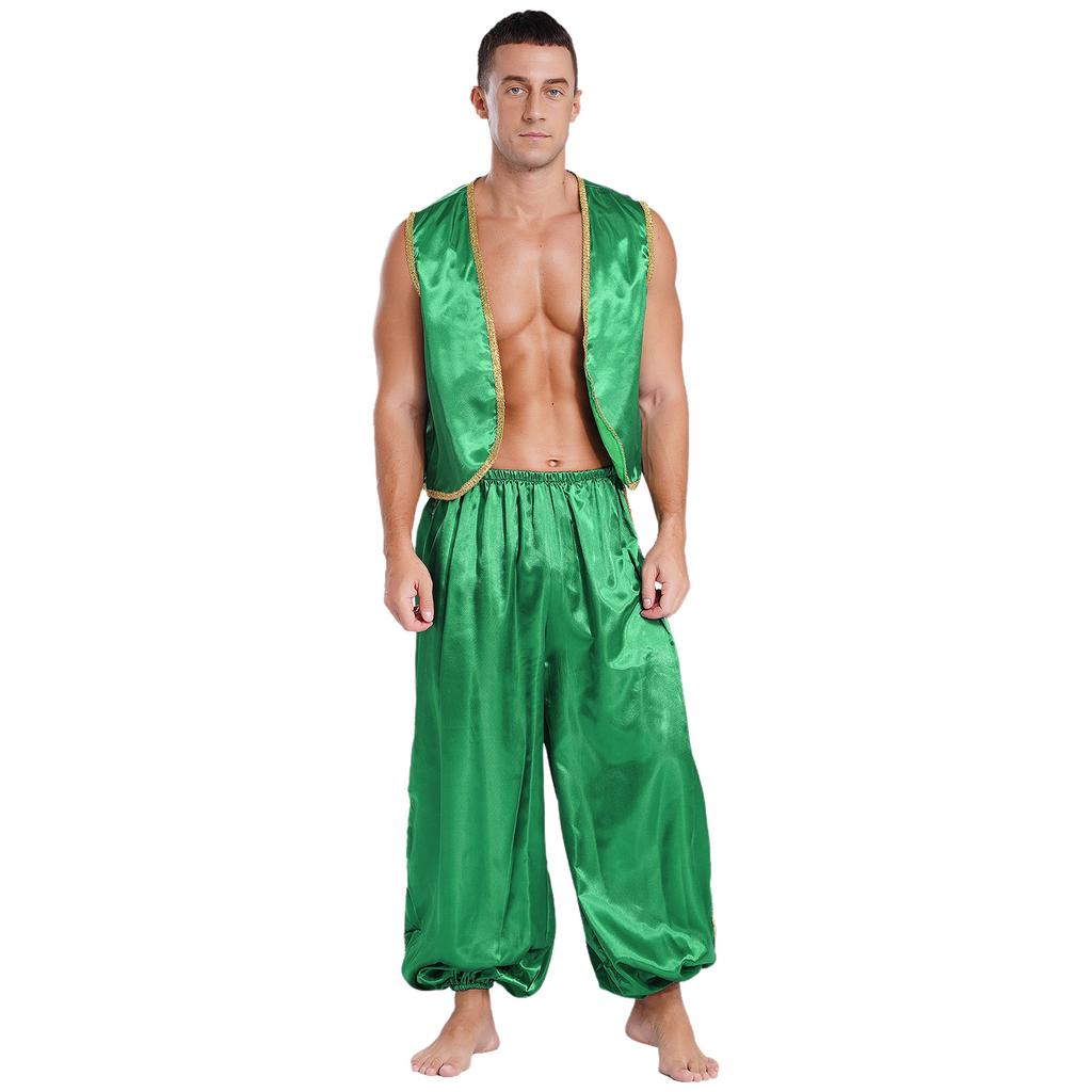 Completo da Uomo Principe Arabo con Bordi Dorati in Raso, Gilet Aperto Davanti e Pantaloni Elasticizzati
