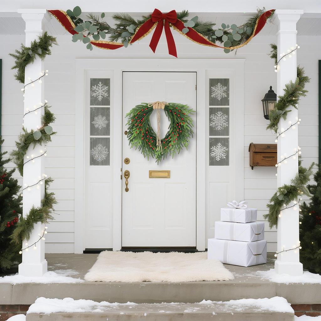 Yunhui Christmas Wreath with Red Berries and Bow – PE Norfolk Pine Greenery