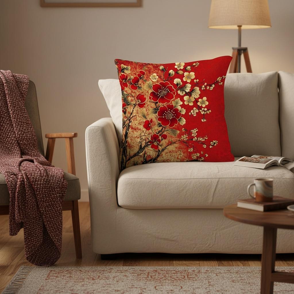 Double Sided Printed Red Gold Plum Blossom Pillow Cover Vintage Chinese Floral Print Soft Throw Pillow Case For Home Decor Gift
