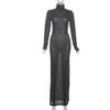Herbst und Winter Damen Sexy Perspektive Slim-Fit High-Neck Langarm Volltonfarbe Langer Rock Temperament Kleid