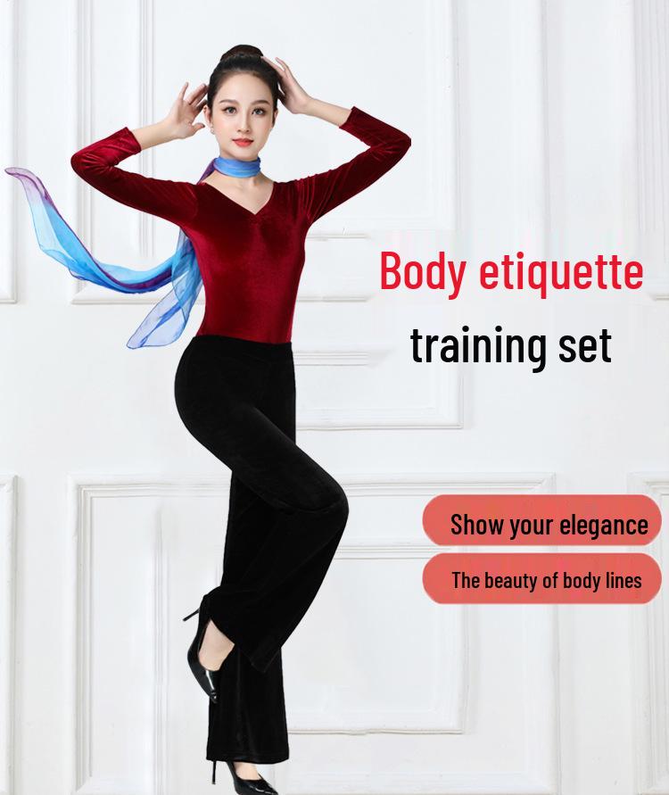 Women's Elegant Gold Velvet Slimming Practice Set for Autumn/Winter