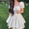 Women's Summer 2026 Floral Puff Sleeve Square Neck Dress - Sweet & Spicy Short Fluffy Skirt