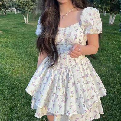 Women's Summer 2026 Floral Puff Sleeve Square Neck Dress - Sweet & Spicy Short Fluffy Skirt