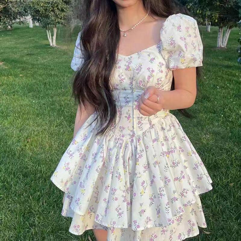 Robe d'été 2026 pour femme à manches bouffantes florales et col carré - Jupe courte moelleuse douce et épicée