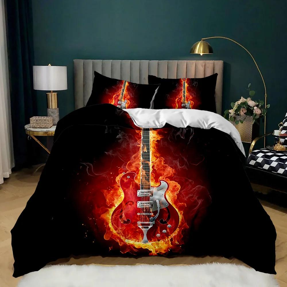 Guitar Duvet Cover Set Electric Guitar In Burning  Musical Creativity Concept Music Double Queen King Size Polyester Qulit Cover