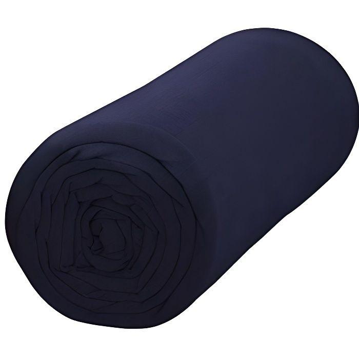 Drap housse - Naturelle - 140x190 cm - 100% coton - Bonnet 25 cm - Bleu marine