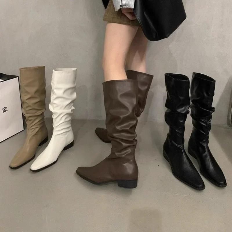 2023 Autumn New Coarse Heel Folded Stacked Middle Leg Fashion Boots for Women with Square Heads and Low Heels