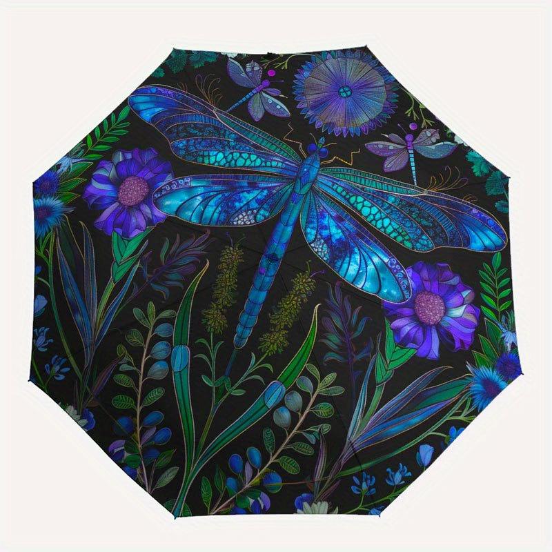 Blue Dragonfly Garden: A Vibrant Circular Art Print Umbrella, Cute Umbrella with Cute Design, Portable 3-Fold Compact Umbrella for Men & Women, Valent
