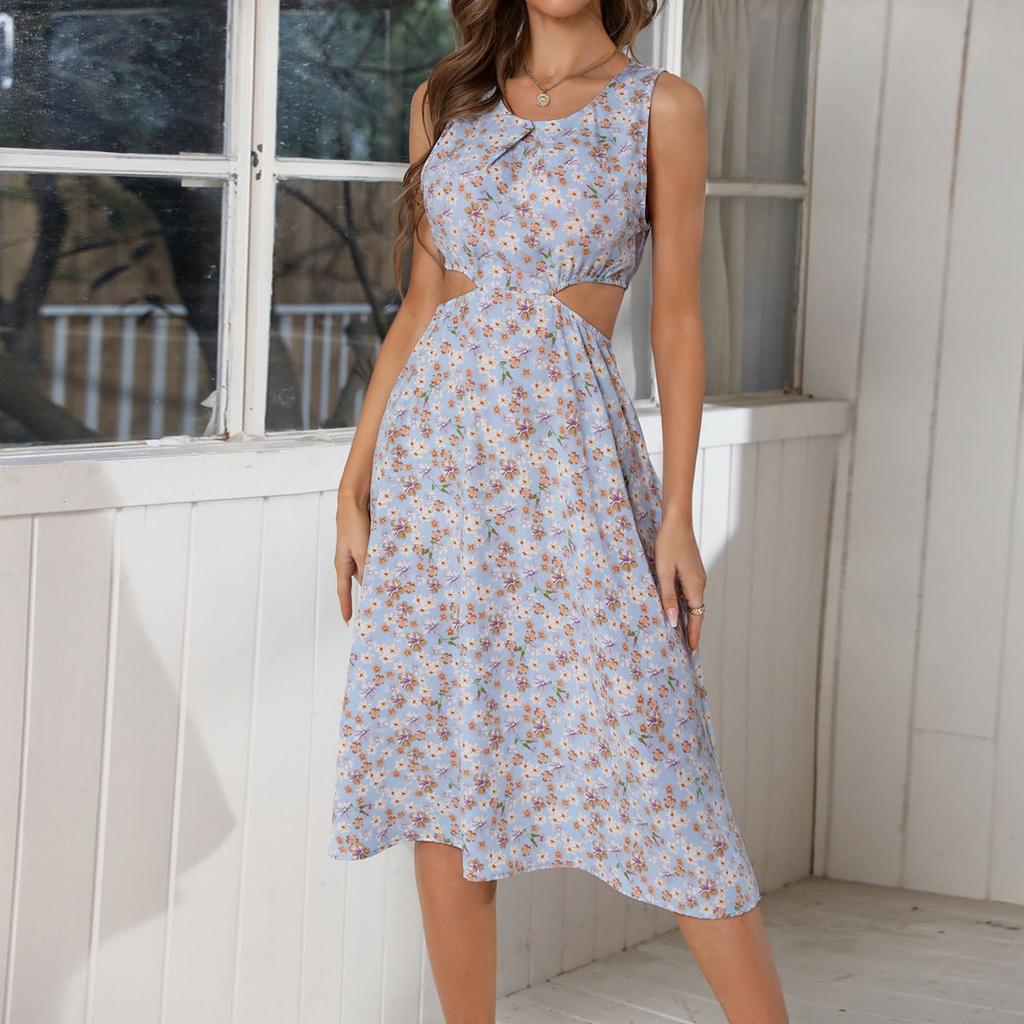 Women Casual Sleeveless Summer Dresses Spring Patchwork Boho Floral Cocktail Party Dress
