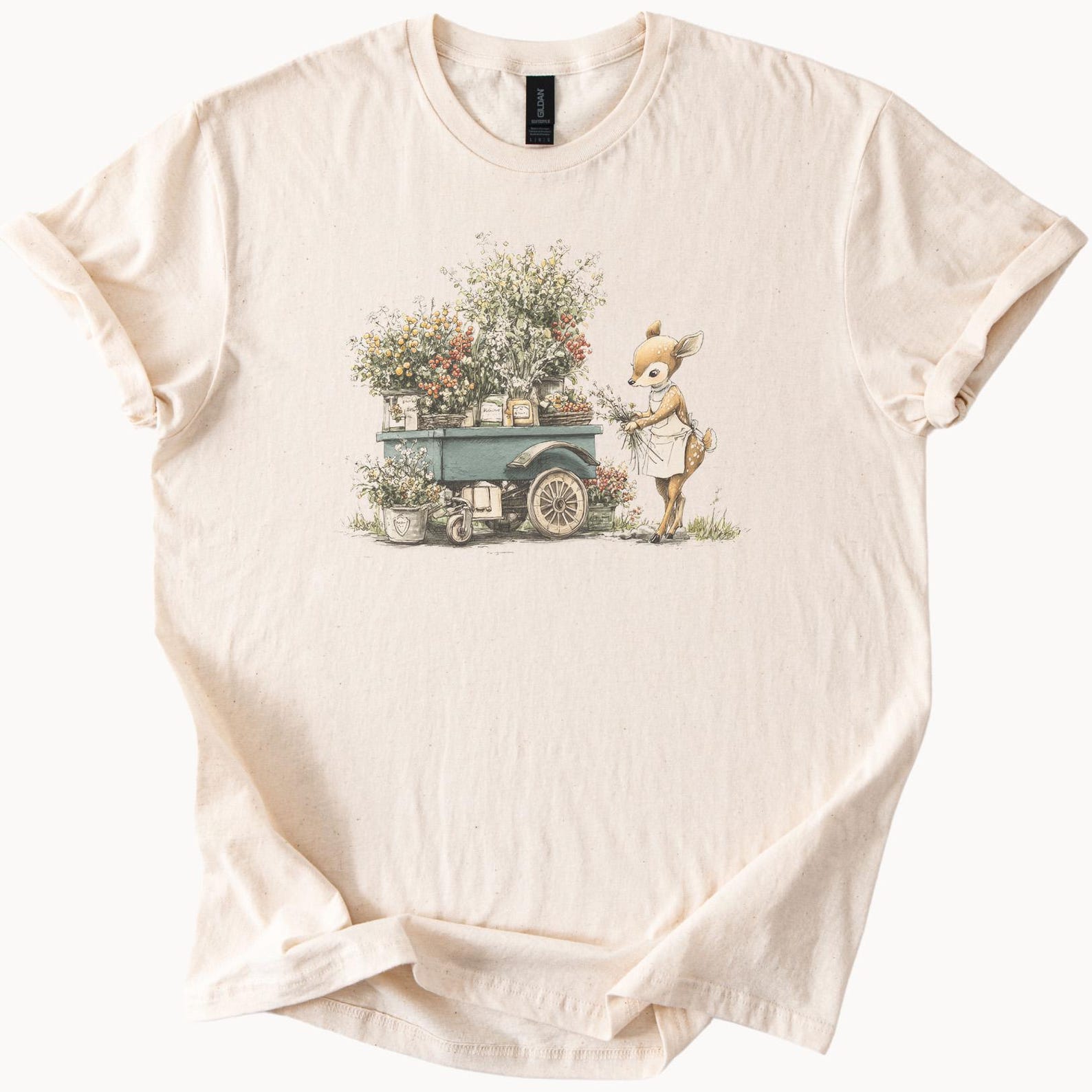 Floral Deer Flower Cart Graphic Shirt Whimsical Woodland Animal Nature Garden Tee Cute Spring Farmhouse Plant Lover TShirt Gift 120
