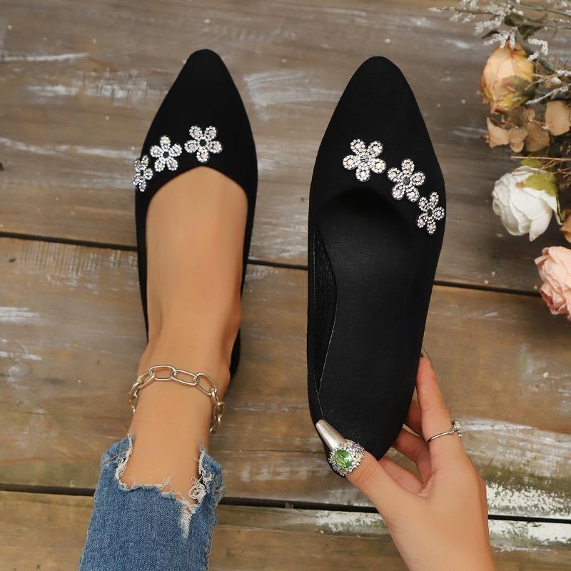 Plus Size Flats Fall New Pointed Toe Shallow Mouth Suede Rhinestone Flower Soft Sole Non-Slip Wear-Resistant Single