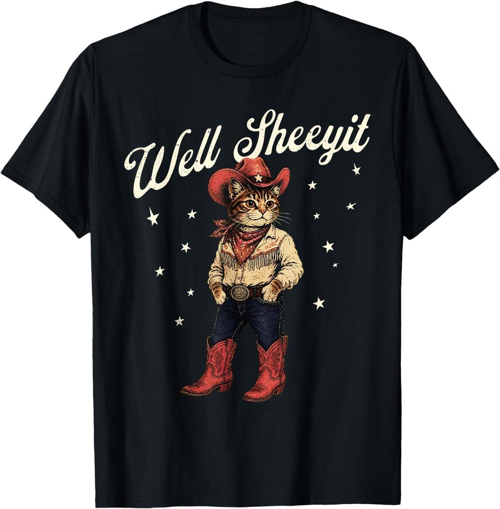 Well Sheeyit Funny Cowboy Cat Vintage Western Humor Art T-Shirt