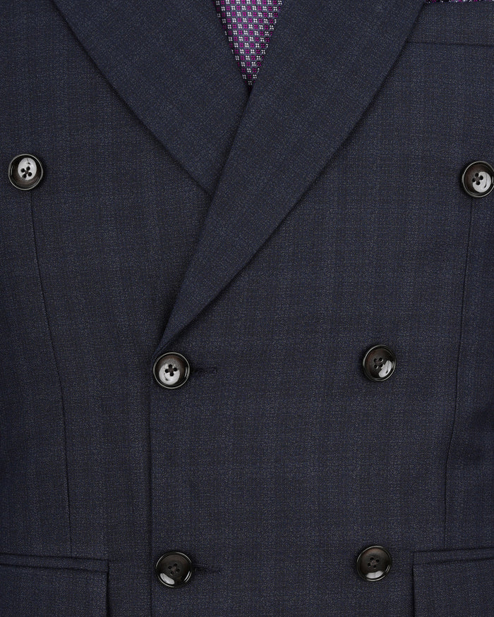 Gunmetal Blau Dezentes Karomuster Zweireihiger Blazer