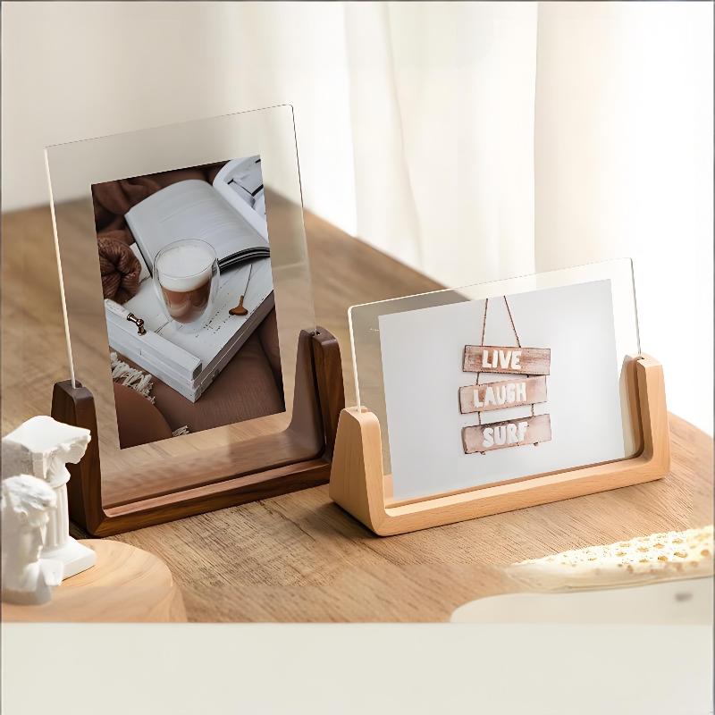 Modern U Shaped Acrylic Photo Frame Walnut/Beech Base Transparent Desktop Decor for Home Office Photo Display Gift
