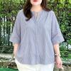 Women Casual V-Neck Stripe Print Loose 3/4 Sleeve Blouse