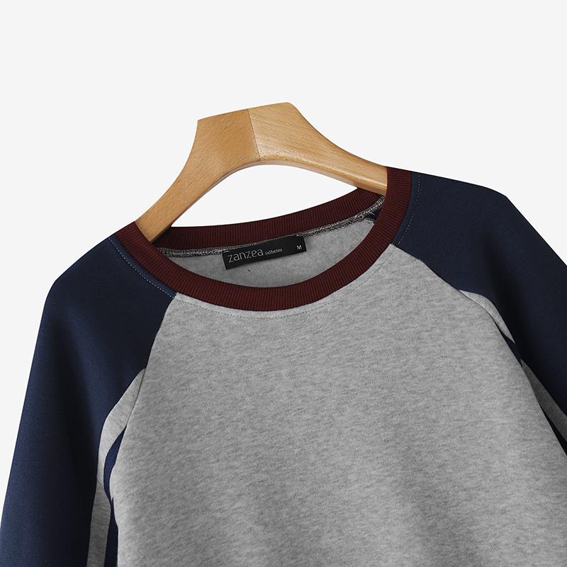 ZANZEA Women Casual Round Neck Patchwork Long Sleeve Pullover Sweatshirts