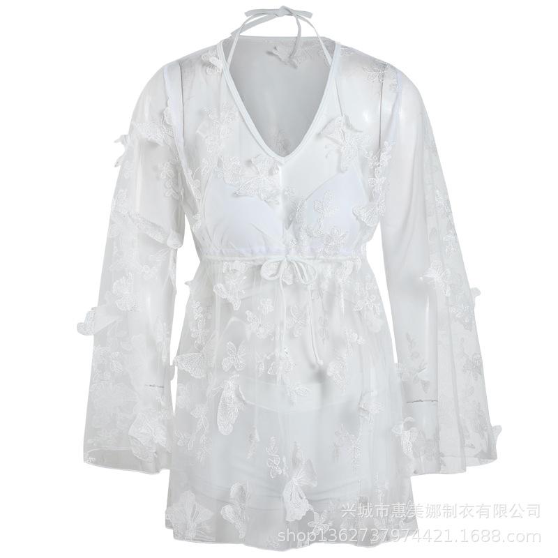 1011 New Korean Split Outerwear Lace Long Sleeve Sunscreen Sexy Slim Skinny Hot Spring Resort Swimsuit Women