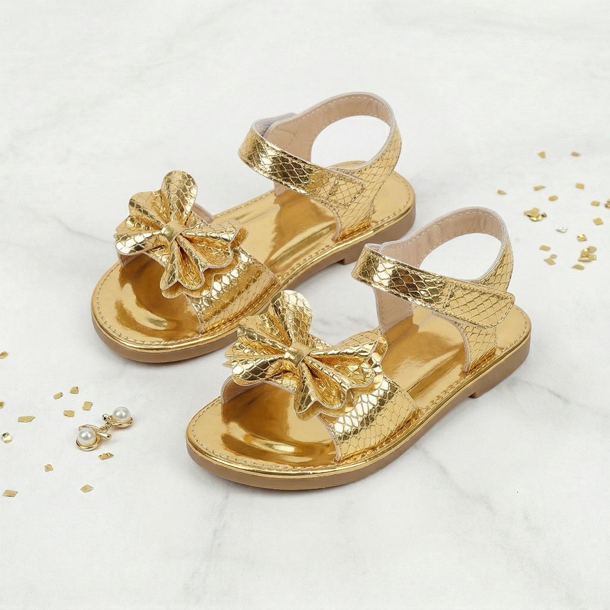 Girls  Shiny Gold Bow Non-Slip Summer Sandals - Sweet & Comfortable Style for Kids 25