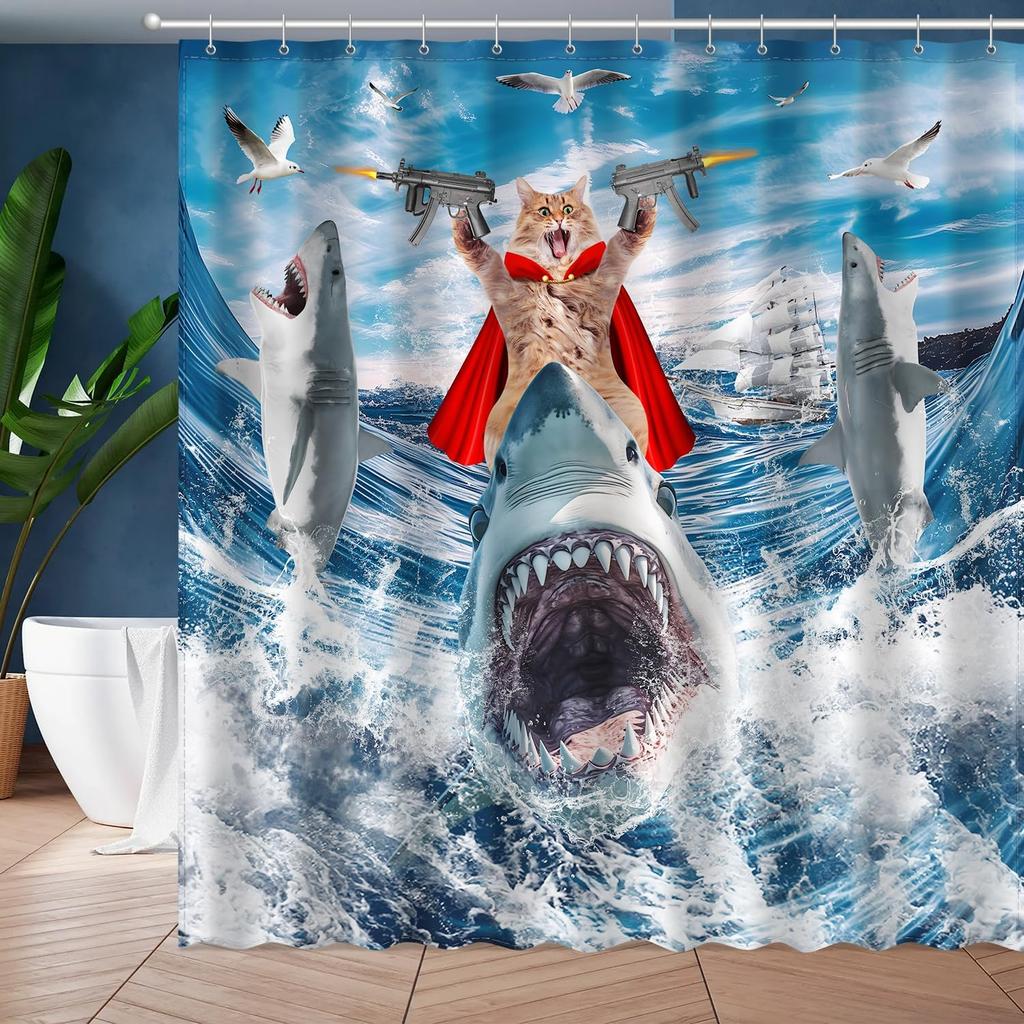 Funny Cat Riding Shark Shower Curtain Set, Kids Home Bathroom Decor Polyester Waterproof Fabric Bath Curtain with 12 Hooks