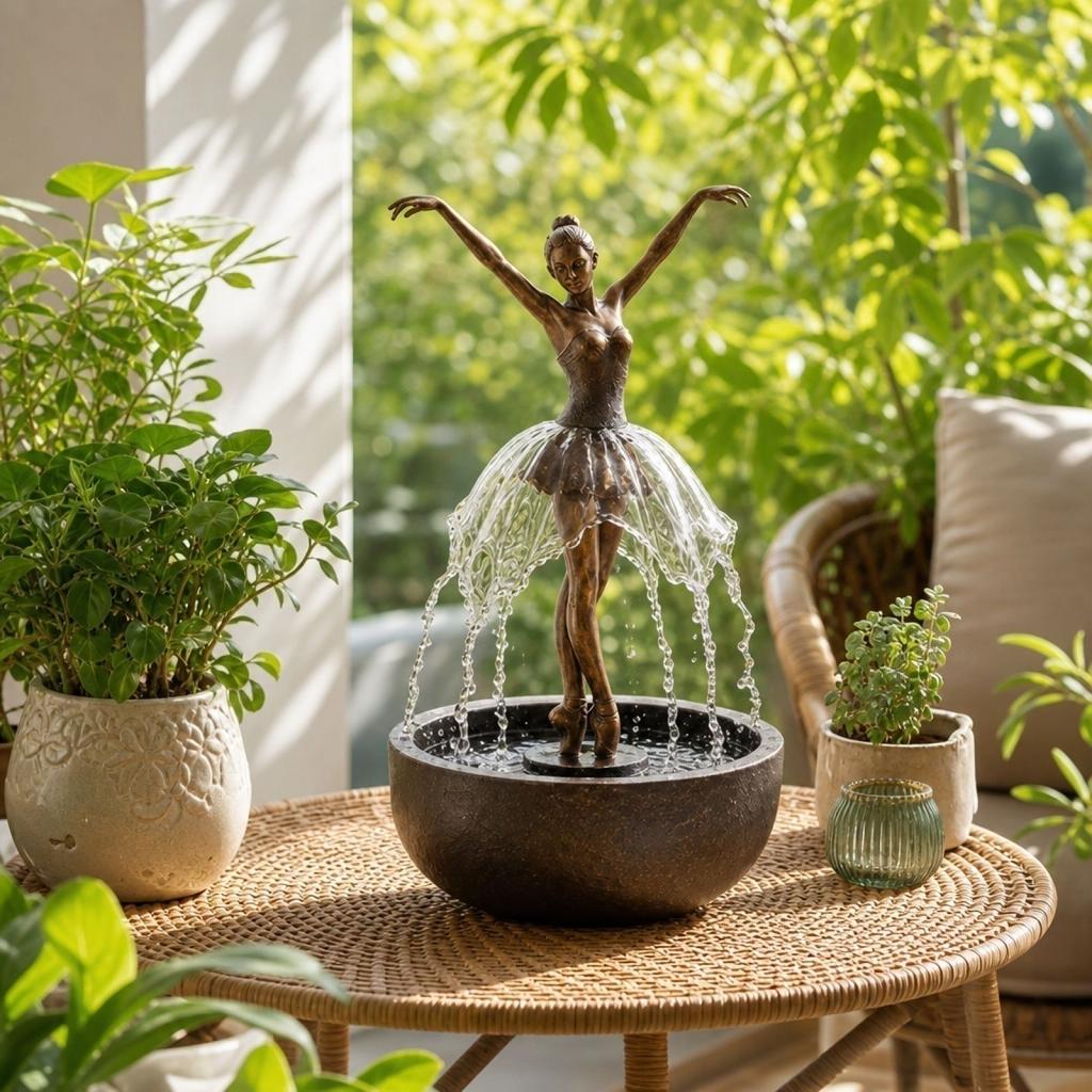Ballet Dancer Tabletop Fountain Sculpture Indoor Water Feature with Flowing Water Streams and Round Base for Home Office Decoration