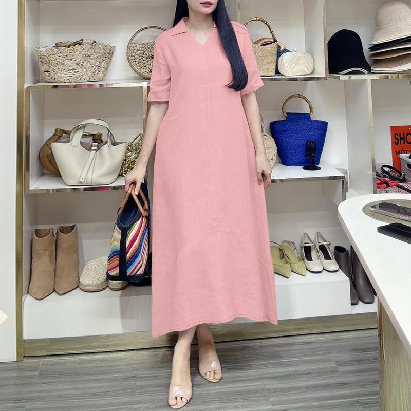 ZANZEA Vestido largo suelto informal de manga corta con cuello vuelto para mujer