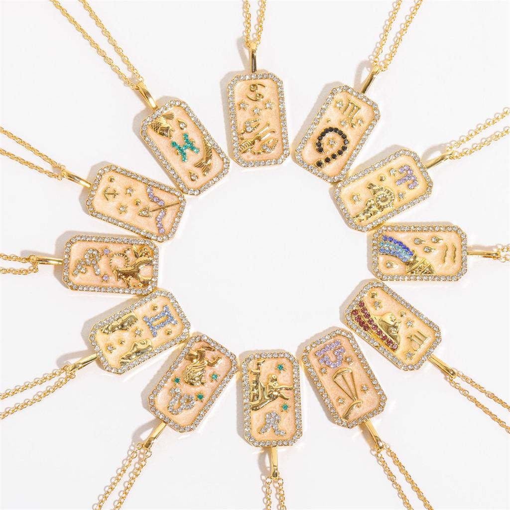 Twelve Constellation Pendant Necklace with Zircon, Gold Plated Clavicle Chain, Retro Jewelry Gift for Women