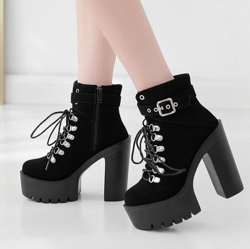Lace Up Women Boots Platform Buckle Boot Winter Shoes Thick Heel Autmn Boots With Zipper Ankle Strap Black Suede