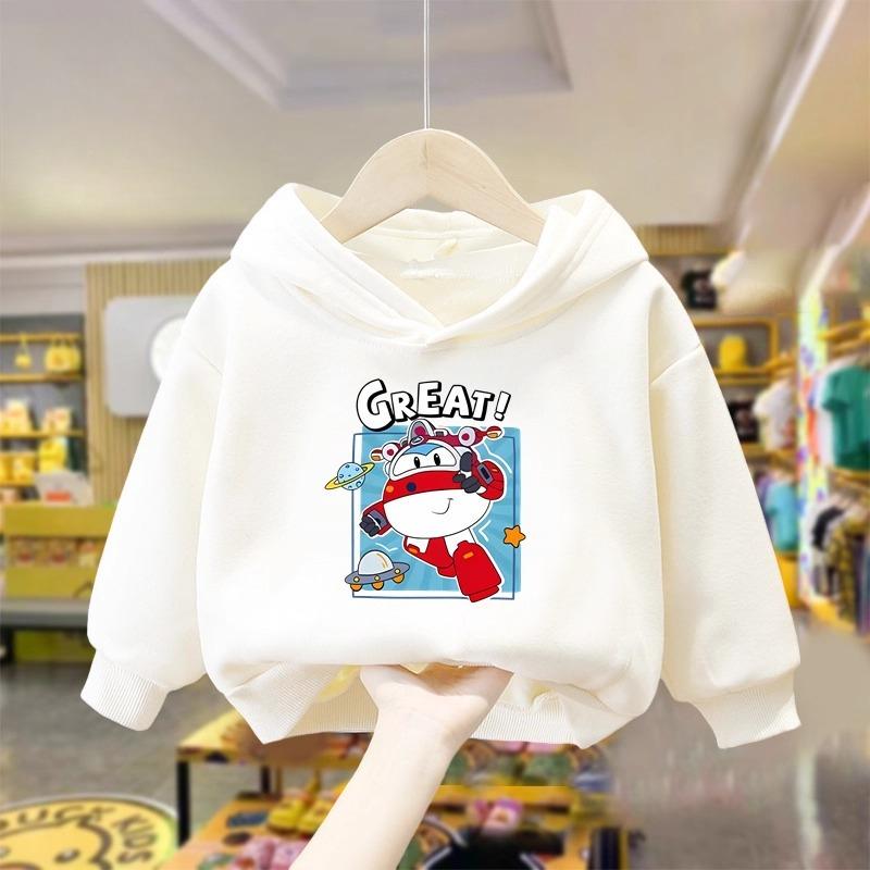 Children's Cartoon Fun Super Wings Print Comfortable Hooded Sweatshirt Fall and Winter Outdoor Leisure Sports Long-sleeved Tops