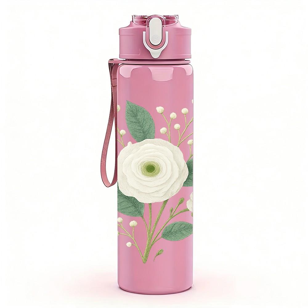 1PC Single White Peony Bloom 750ml Color Plastic Sports Water Bottle Leakproof Flip Straw Lid For Sports Office Home Use